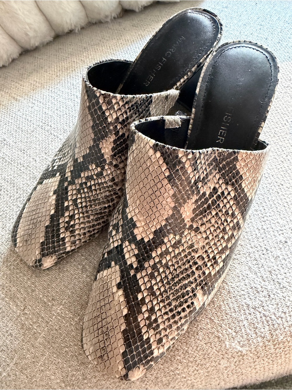 Marc Fisher Snake-Print Mule Slides - Black & Cream